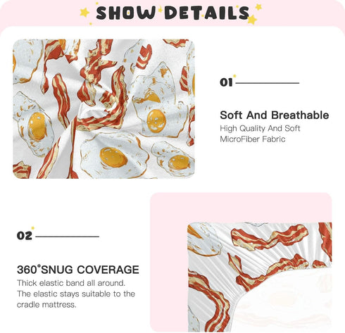 Pigsaly 27x39 Inch Crib Sheets Bright Bacon Tan Strips Fried Egg Baby Sheet for Standard Crib Mattress Boys Girls