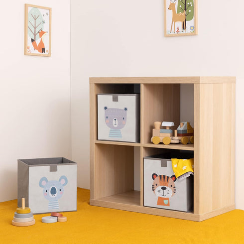 Navaris Kids Storage Cubes (Set of 3) - 11x11x11" Animal Designs - Children's Fabric Organizer Bin - Beige