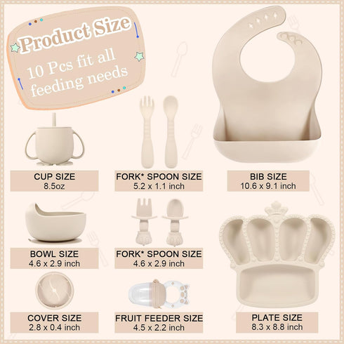 Silicone Baby Feeding Set, 10 Pcs Baby Led Weaning Supplies Suction Bowl Divided Plate Baby Bibs Fruit feeder Baby Spoons Forks Sippy Cup Toddler Utensil Sets Baby Essentials for Newborn Gift by BXLL