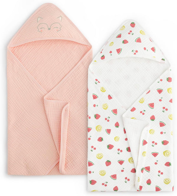 PHF 100% Muslin Cotton Baby Hooded Towels, 2 Pack Bath Towel with