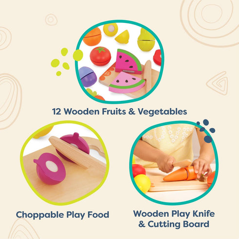 B. toys- Chop 'n' Play - Wooden Fruits & Veggies, Sliceable Play Food for Toddlers, Kids