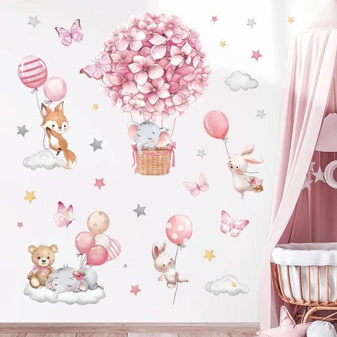 decalmile Animals Hot Air Balloon Wall Decals Flowers Balloons Elephant Bear Wall Stickers Baby Nursery Girls Bedroom