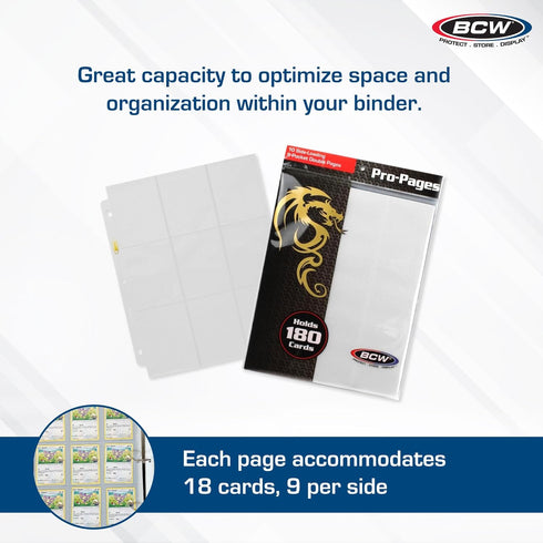 BCW Double-Sided 9-Pocket Pages Holder, 50 White Pages for Trading Card Binder Sheets, Secure Side Loading Card Storage