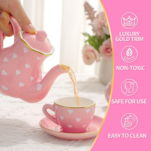 Set 3-8, Set TUZT Tea Party for Little Girls Ages Pink Heart Porcelain Tea with Gold Trim Edges, Princess Tea Time Toy