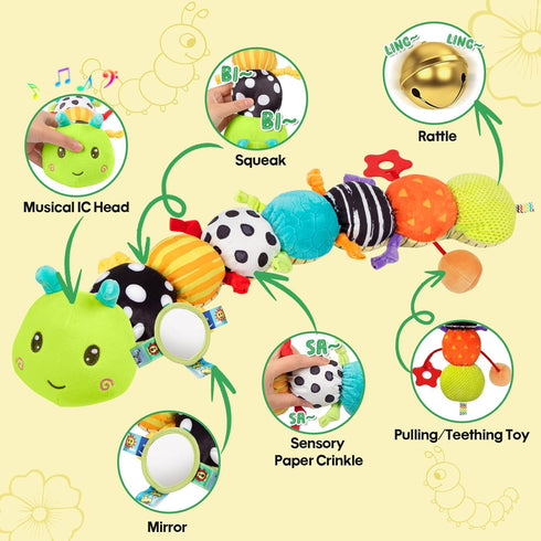 CAHILON 0-6 6-12 Tummy 3 6 9 12 18 Baby Sensory Toys Months, Musical Plush Animal Stuffed Caterpillar with Crinkle