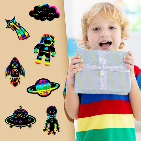 Engrowtic 72 Pcs Outer Space Scratch Cards for Kids, Rainbow Rocket Scratch Paper with Wooden Stick for DIY Projects