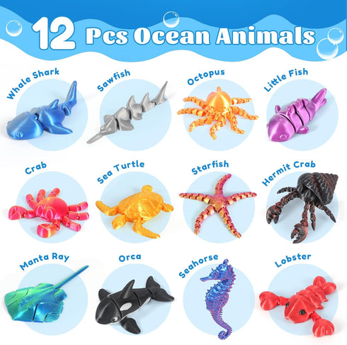 12 Pack 3D 3 4 5 6 7 8, Printed Animal Toys, Desk Pets Sea Animal Toys with Educational Booklet for Kids Age Ocean