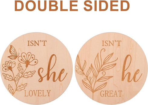 PEUTIER 6 Inch Double-Sided Gender Reveal Signs, Wooden Baby Announcement Sign Isn't She or He Round Photography Props
