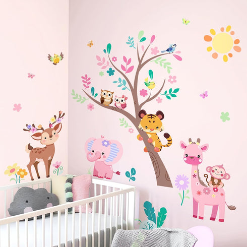 Supzone Jungle Animals Tree Wall Decals Pink Elephant Giraffe Wall Stickers for Kids Girls Bedroom Living Room Baby