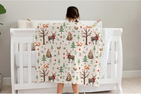 SqtmuHLuo 60x80inch Christmas Woodland Animals Baby Blanket for Boys Girls Gender Deer Bear Squirrel Tree Neutral