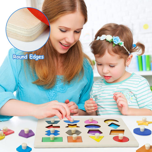 Shape Puzzles Wooden Puzzles for Toddlers, Peg Puzzle Montessori Shape Sorter Toys, Preschool Educational Toy for Baby