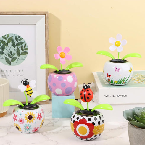 Solar Dancing Bee Toy - Solar Powered Dancing Sun Flower with Colorful Pots and Swinging Ladybug Shape for Car