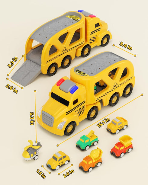 LADFAR 6 6 Set, 3 4 5 6 Construction Toy Carrier Trucks for Boys Girls, with Unique Music & Lights, Mini Pull-Back