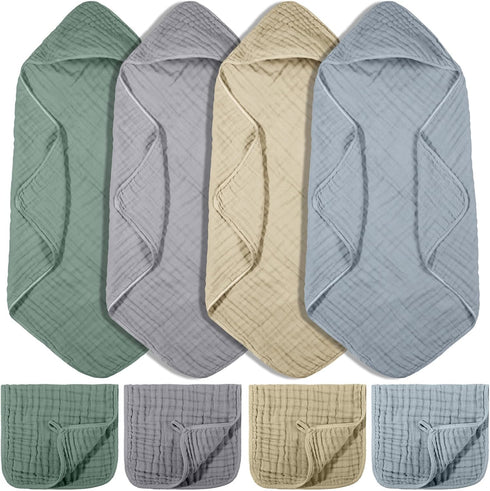 VitalCozy 8 Pcs Baby Muslin Hooded Bath Towels and Washcloths Muslin Cotton