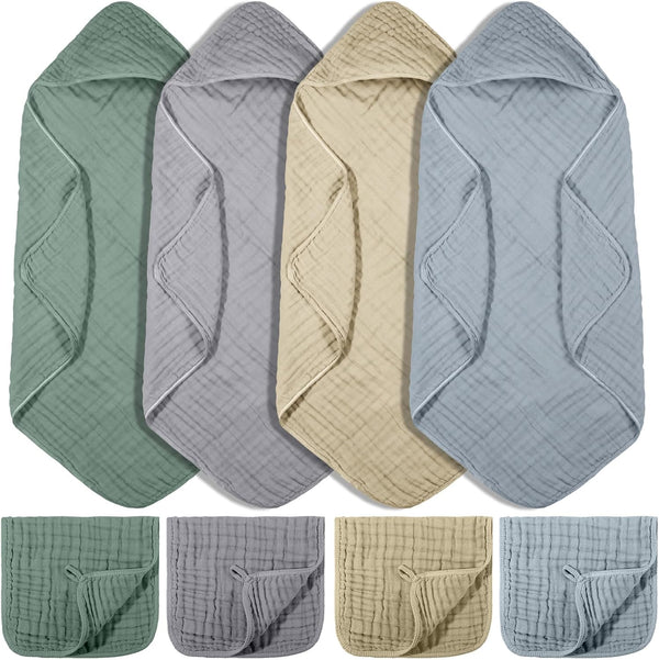 VitalCozy 8 Pcs Baby Muslin Hooded Bath Towels and Washcloths Muslin Cotton