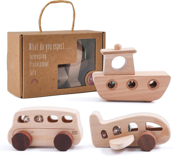 Wooden Cars for Toddlers 1-3, Wooden Vehicles Baby Cars Set with Bus,