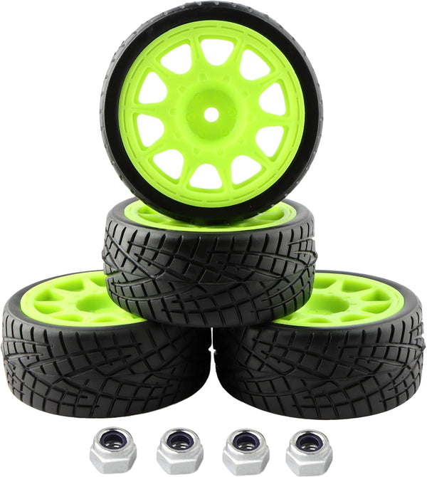 4PCS Off Road RC Cars Rubber Tires Set 12mm Hub Wheels Tires for HSP 94122 94123 94103 3850 3851 FW06 (Green)