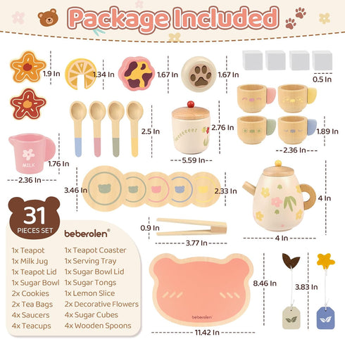 Set 3-5 2 3 4 5 6 Beberolen Tea Party for Toddlers Girls Boy Birthday Gift Pretend Play Food Wooden Picnic Outdoor Toys