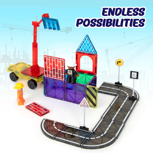 Set, 3+ 52-Piece Playmags City Construction Magnetic Tiles Building Blocks with Crane & Road Pieces, Educational STEM
