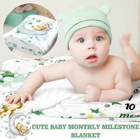 Sleeping Bear Monthly Baby Milestone Blanket Bear Star Balloon Flannel for Boys Girls Nursery (Green)
