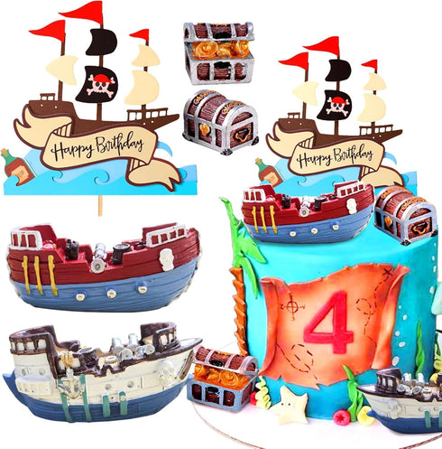 Pirate Ship Cake Topper Nautical Sailboat Model Decoration Set Gold Coins and