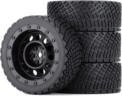 4PCS 65mm RC Rally Car Rubber Tires and Plastic Vintage Wheel Rims for 1/10 RC On-Road Rally Racing Car (Black)