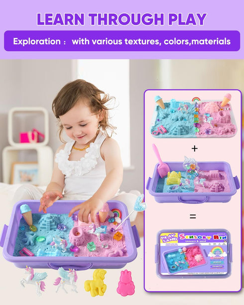 sikmcle 3-8 Unicorn Sensory Bin Play Sand Kit for Girls Moulds Toddler Sand Art Kit with Sandbox for Kids for Toddlers