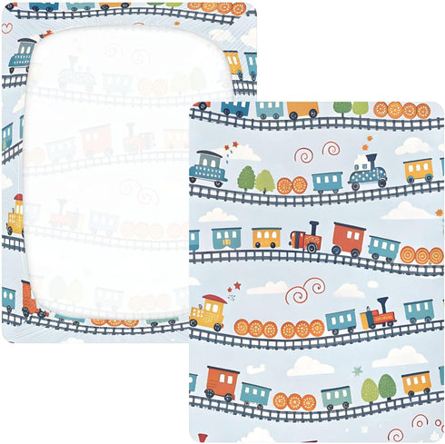 CZXW 52" 28" Cartoon Playful Trains Crib Sheets Fitted x Natural Cotton Soft & Breathable for Baby Crib Mattress