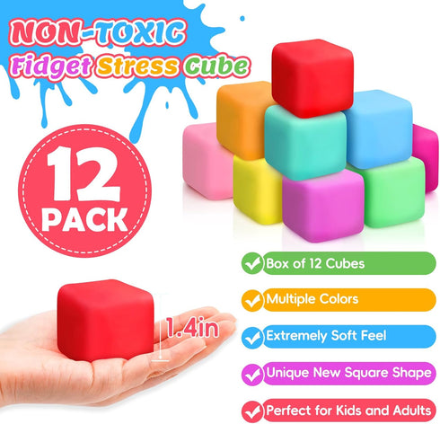 12 Pack Slow Rising Stress Cube, Dough Stress Balls Squishy Fidget Toys for Anxiety Relief, Soft Fidget Cube, Pull