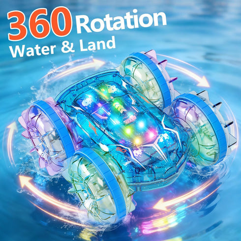 2.4GHz 4WD 6 7 8 9 10 LODBY Amphibious Remote Control Car for Boys, RC Boat Monster Truck with LED Lights, All Terrain