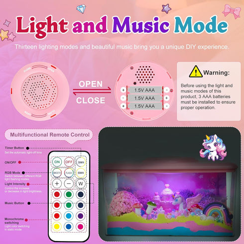 8-12, 6-8, 4-12 Unicorn Light-Up Terrarium Kit for Kids - Night Light with Remote & Music, Arts and Crafts for Kids