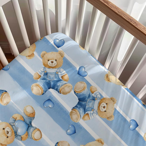 KuphiL10C Mattress-28x52 Cute Cartoon Bears Heats Stripes Pattern Baby Sheets for Crib, Unisex Bear Nursery Fitted Bed