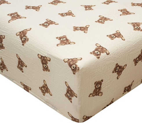 Ali+Oli Teddy Bear Print Muslin Fitted Crib Sheet, Soft Breathable Cotton, 52