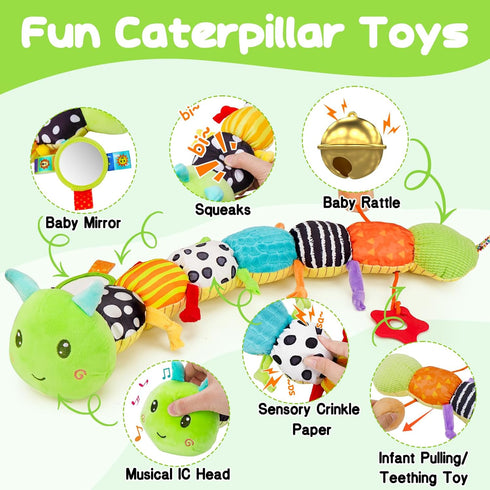 Baby Sensory Toy - Music Animal Stuffed Plush Caterpillar for Infant 0-3 Months, Tummy Time with Crinkle Rattle & Mirror