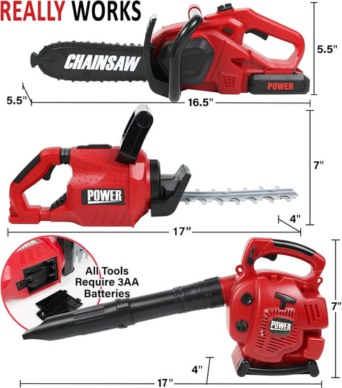 Set Trimmer Power Garden Tools for Kids Battery Operated Toy Leaf Blower, Hedge and Chainsaw Pretend Play for Boys