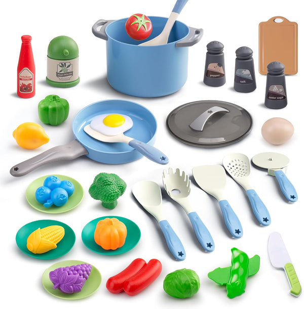 35Pcs Toddler Pretend Cooking Playset with Play Pots and Pans, Utensils Cookware Toys, Play Food Set (Blue)