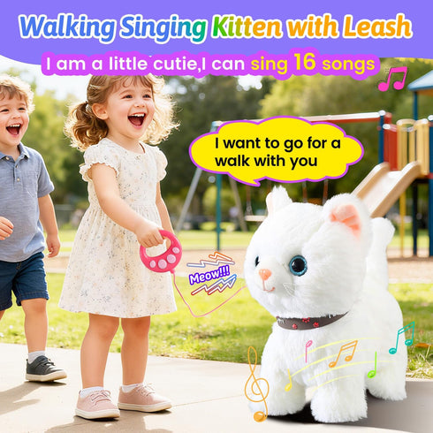 Marsjoy Set White Leash Walking Cat Singing That Purrs and Meows Animated Plush Robot Kitten Pet Moving Plush Realistic
