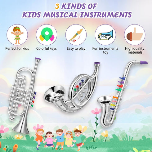 Treela Set of 3 Musical Instruments, Saxophone Trumpet and Horn for Beginners, Colorful Keys Coded for Boys Girls
