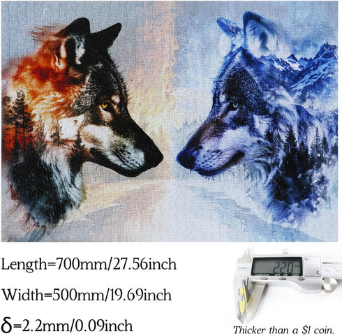 Bgraamiens Puzzle - Ice VS Fire - 1000 Pieces Fantasy Double Exposure Wolf Puzzle for Adults