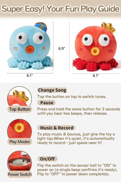 GauJat 6-12 120 Tummy 1-3, Bouncing Octopus Baby Toy, Musical Crawling Toy for Months, Talking Recording Repeat Plush