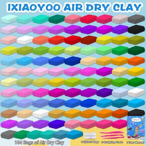 104 3-12 Ixiaoyoo Air Dry Clay for Kids, Colors DIY Magic Modeling Clay Kit, Soft & Non-Sticky, Arts & Crafts Modelling