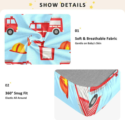 CZXW 52" 28" Cartoon Fire Engine Crib Sheets Fitted x Natural Cotton Soft & Breathable for Baby Crib Mattress