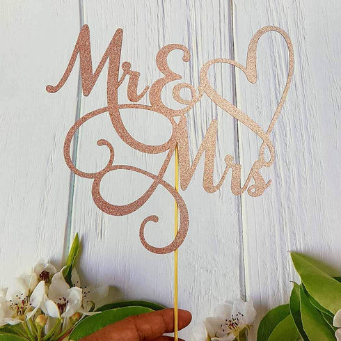 Mr and Mrs Cake Topper, Bride and Groom Sign Wedding Engagement Decorations, Double-faced Rose Gold Glitter