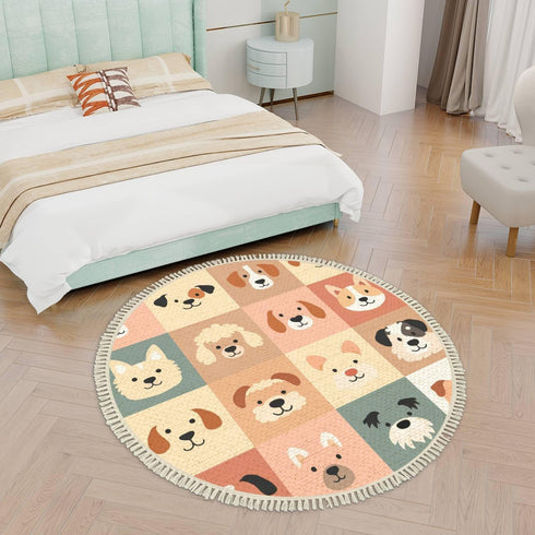 DNEWYNPABV 4 Round Boho Rug Cute Dogs for Kids and Baby Animals Nursery Poster for Greeting Cards Area Rug Linen Rug