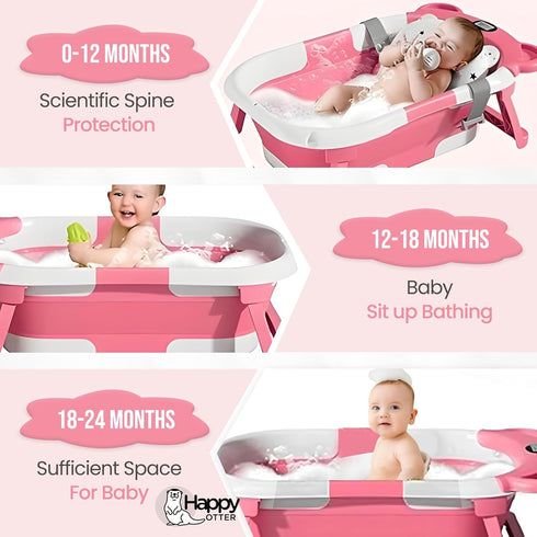 HAPPY OTTER Portable Baby Bathtub with Heat Sensor for Toddlers & Newborns, Padded Baby Bath Tub with Water Release