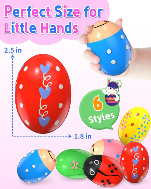 6 Pack Wooden Percussion Musical Shake Eggs with Toys Inside, Montessori Easter Basket Stuffers for Kids Boys Girls