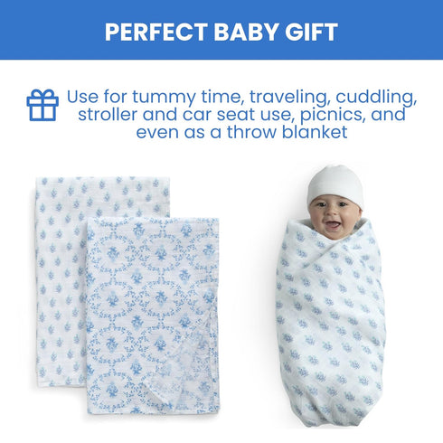 Delta Children 100% Cotton Muslin Baby Receiving Blankets 47x47 Inches, Pack of 2 Blue Botanicals