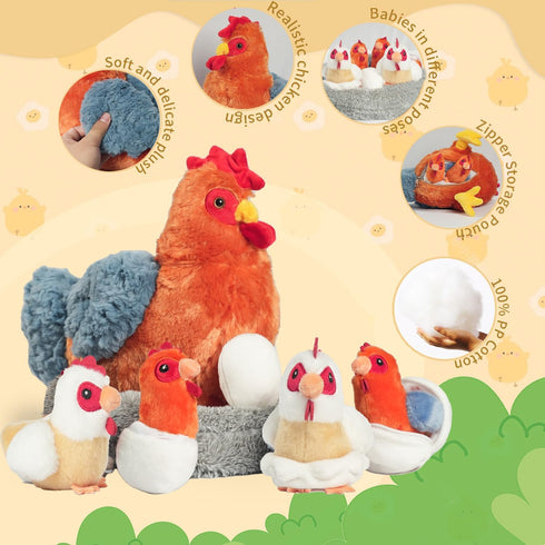 9 1 Set, in Chicken Stuffed Animal Stuffed Chicken Plush Toy with Zippered Belly, Egg Laying Hen with Chicks and Eggs