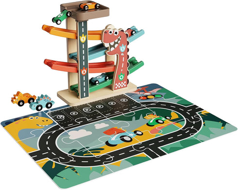 1-3, 6 4-Level 1 Wooden Car Ramp Toy for Toddlers Montessori Toy with Cars (Dinosaur & Racing), Car Ramp Race Track