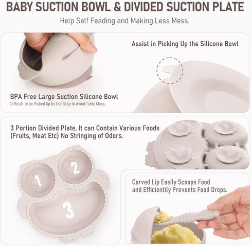 Set Set (10 Baby Weaning - Silicone Toddler Feeding Pcs) with Adjustable Bib, Suction Bowl, Plate, Fork, Spoon, Water